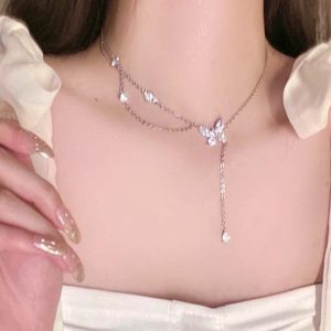 Butterfly Water Drop Pendant Silver Choker Necklace - Modakawa Modakawa