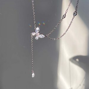 Butterfly Water Drop Pendant Silver Choker Necklace - Modakawa Modakawa
