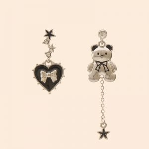 Asymmetrical Love Heart Bear 925 Sterling Silver Stud Earrings Ear Clip - Modakawa modakawa